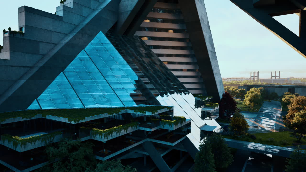 un edificio futurista con un techo en forma de pirámide