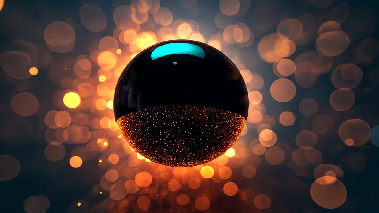 Pulsing bokeh sparking black sphere emitting gold embers at teal set, orange bokeh, turquoise glint