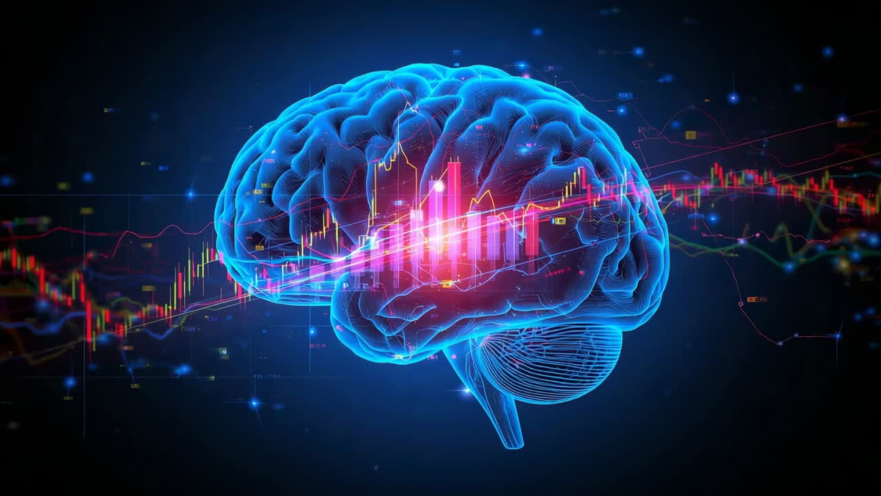 Pulsing brain core rotating hologram in dark data void, responding to candles and histogram spikes