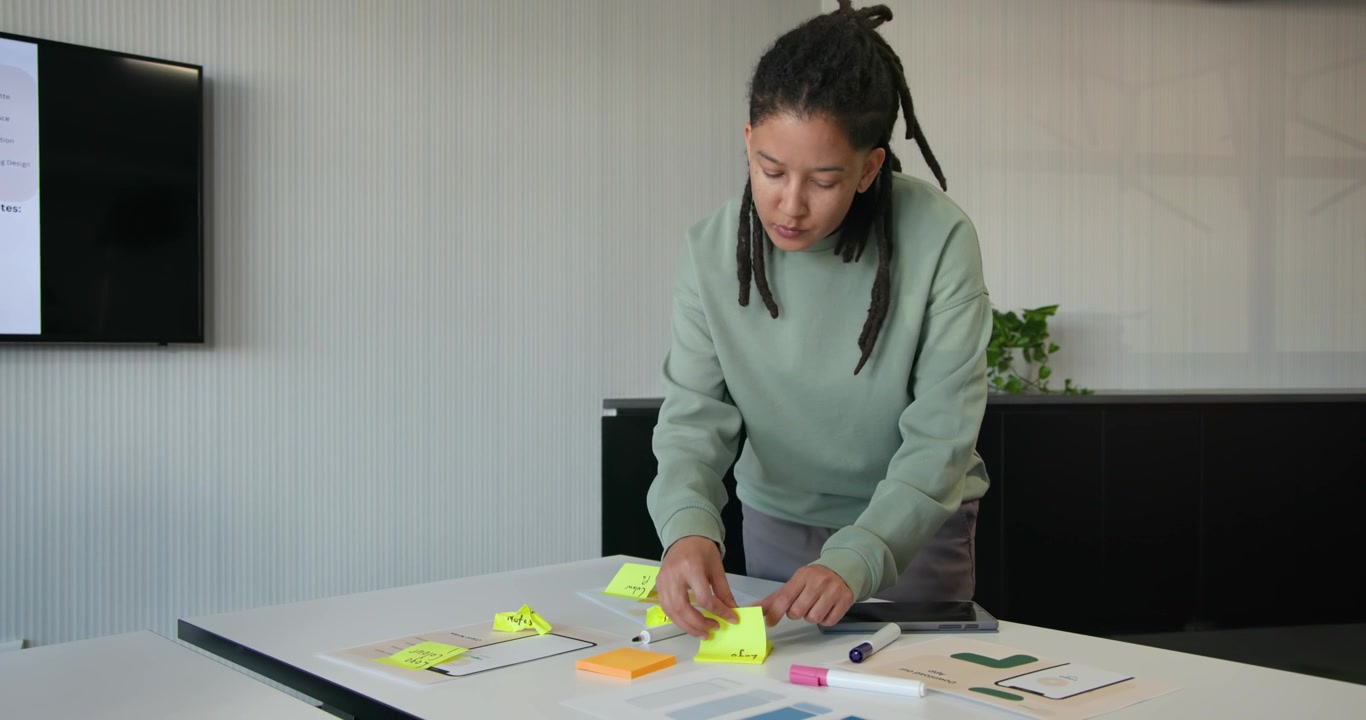 Nonbinary African-American worker arranging sticky notes and swatches at meeting table planning