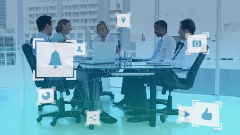 animation of network of connections over business people in meeting room