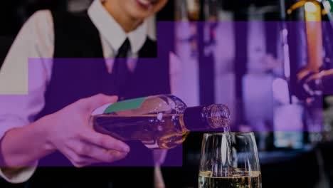 Animation-of-blue-lines-over-caucasian-barman-pouring-wine