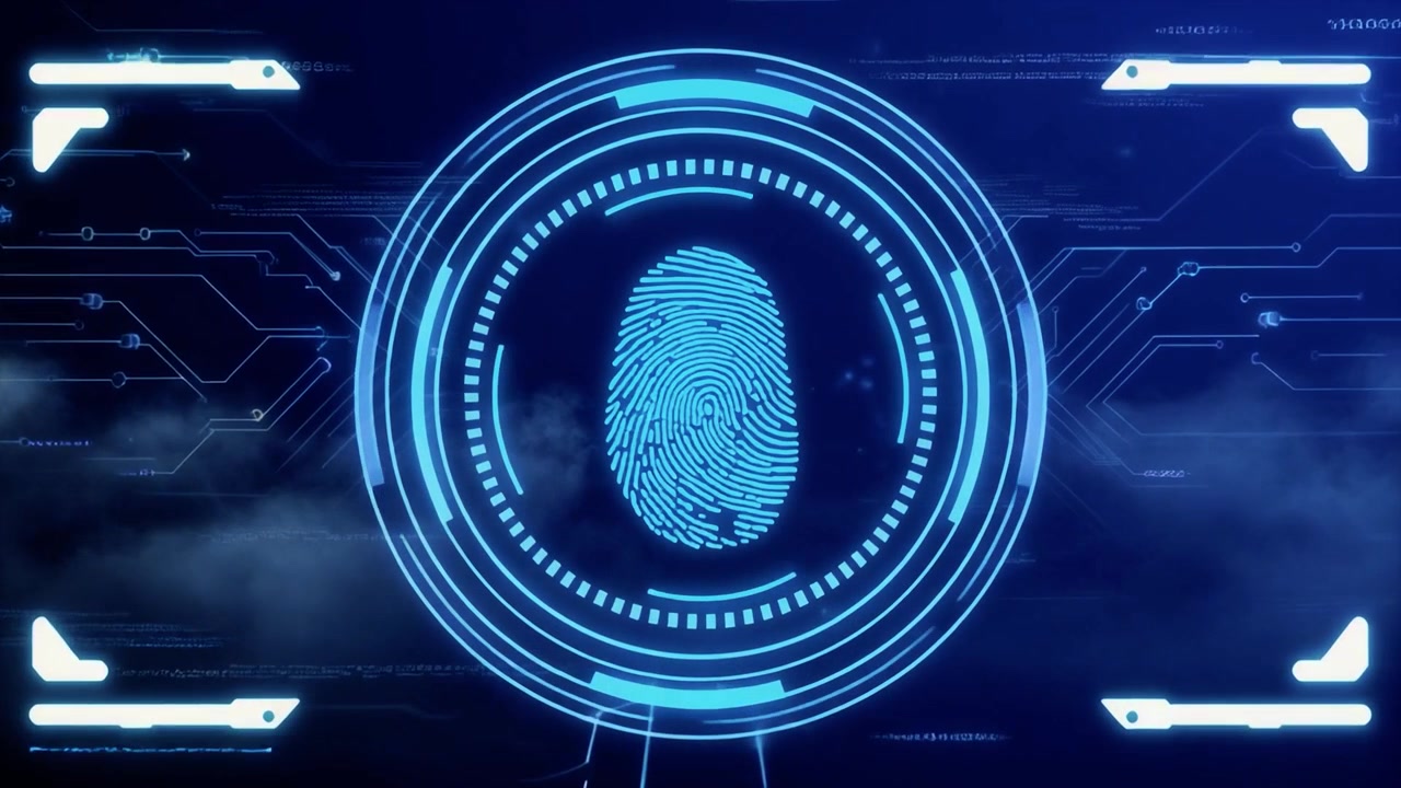 Digital Fingerprint Scanning Interface on Futuristic Blue Background