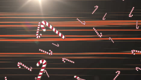 animación de caña de caramelo cayendo sobre rayos brillantes sobre un fondo negro