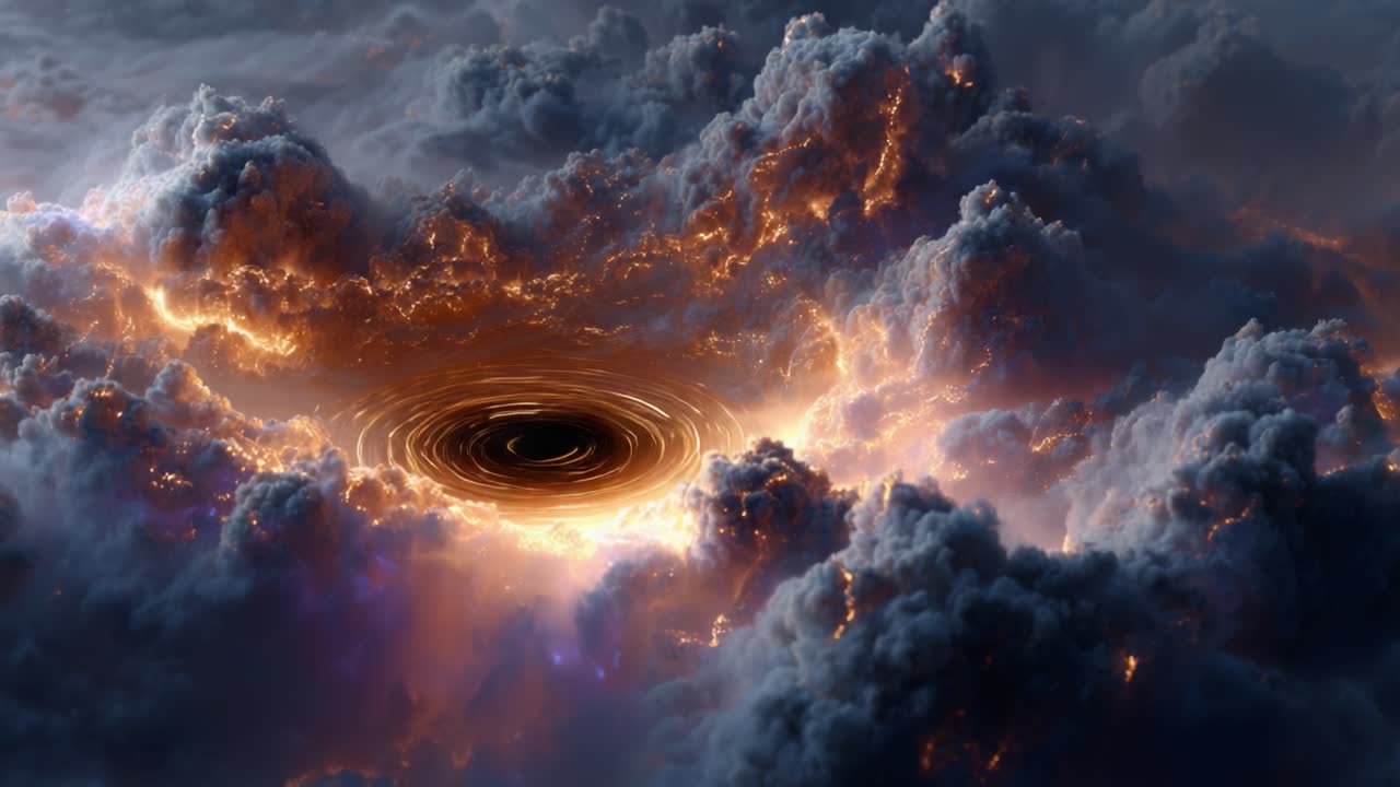 A Captivating Visual Journey Through an Abyss: Witness the Stunning Transition of a Cosmic Vortex Surrounded by Ethereal Clouds in Two Intriguing Frames
