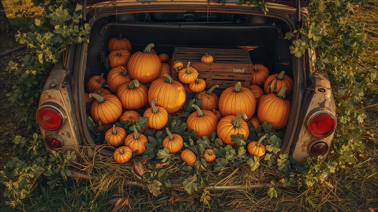 Pulling back shot revealing pumpkins and gourds filling vintage trunk with crate and vines on grass