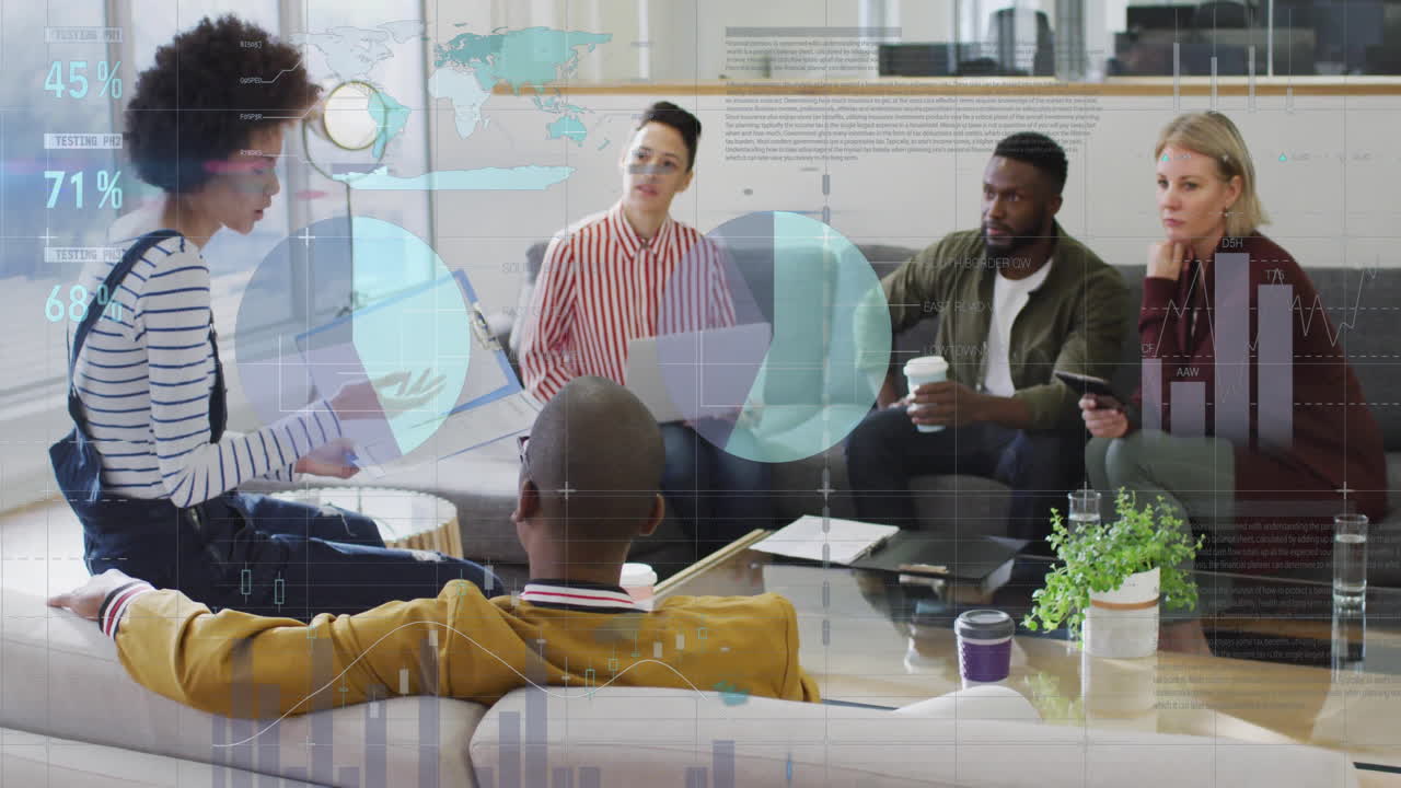 Animation of data processing and diagrams over diverse colleagues discussing work