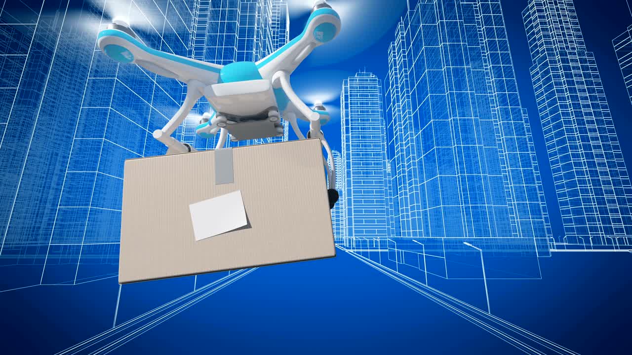 높은 타워와 건물들 사이에서 도시 거리를 날아다니는 드 터 배달 패키지 루프 3d 애니메이션 파란색 교통 및 기술 개념