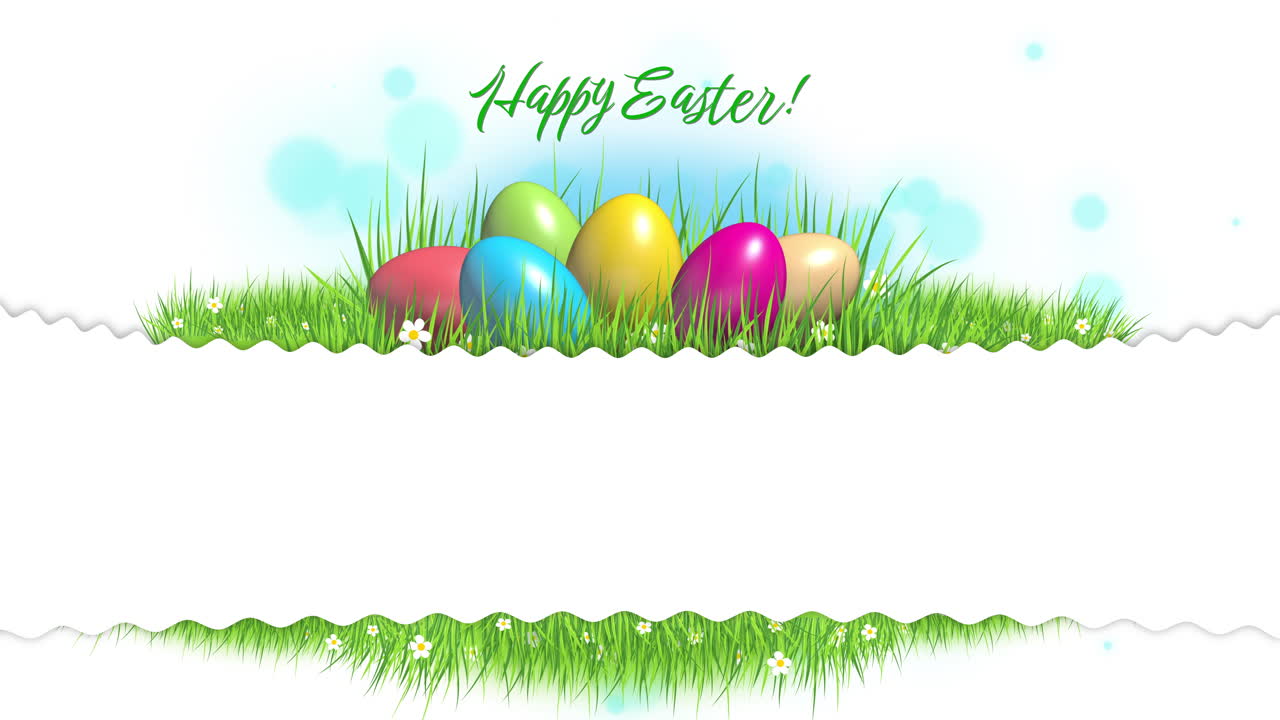 Green meadow with colored Easter eggs on white background with bokeh. White empty frame for greeting text. Animation with the inscription Happy Easter. Loop video.