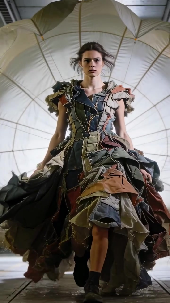 Video vertical: Modelo femenina caminando con paso firme, comenzando un desfile en pasarela, luciendo un vestido de retazos y un paracaídas