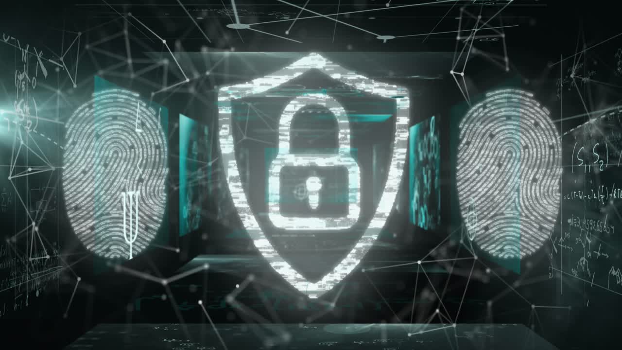 animación de huellas dactilares biométricas y candado de seguridad en línea a través de una red de conexiones