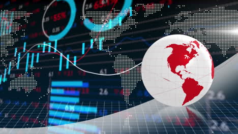 animación del procesamiento de datos estadísticos y bursátiles sobre el globo giratorio y el mapa del mundo