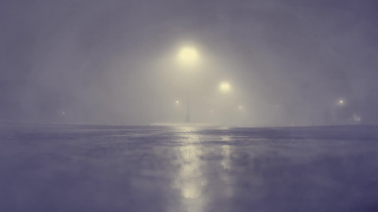 Et billede i lav engel af en våd, tåget gade om natten, hvor gadelamper reflekteres på jorden og skaber en stemningsfuld, filmisk og mystisk atmosfære.