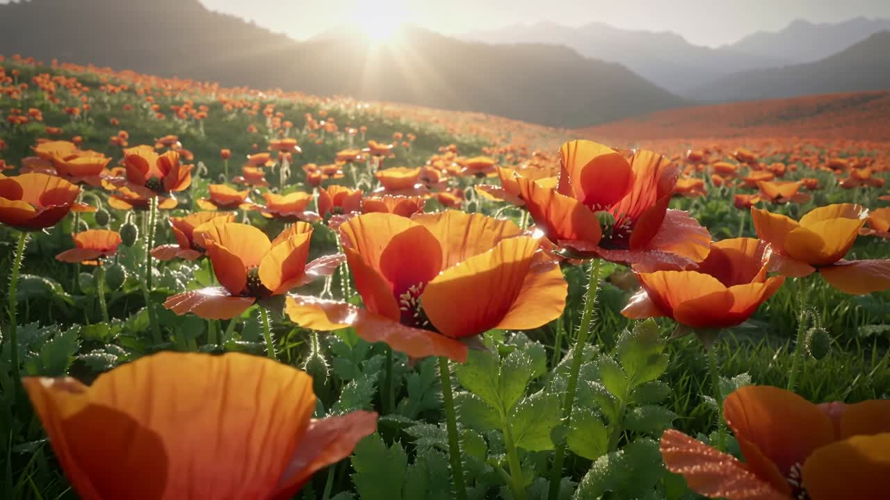 Telecamera in movimento che rivela un gruppo di papaveri in primo piano in un prato di montagna con il sole che sorge e la rugiada che luccica.