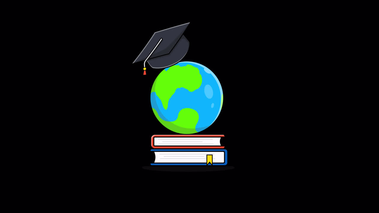 Animación de concepto educativo con libros, la Tierra y un gorro de graduación
