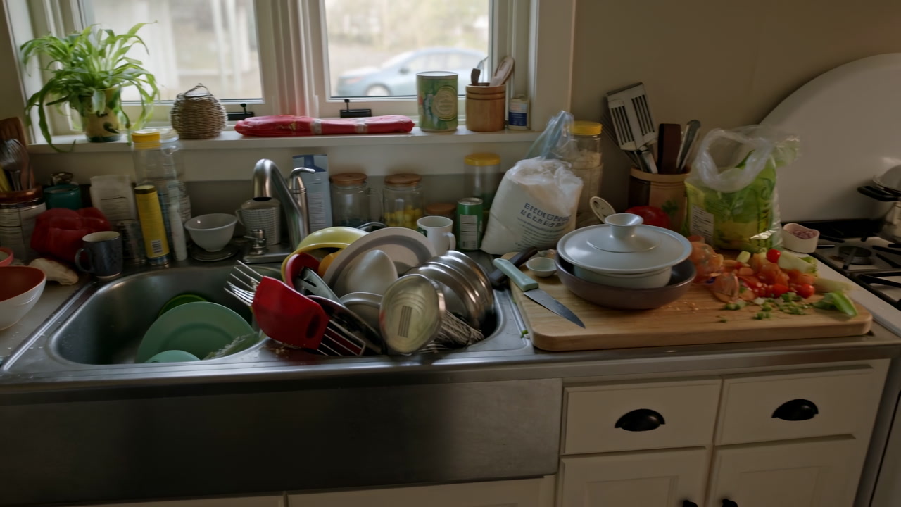 Cluttered Kitchen Sink Piled With Dishes And Pans Under Window, Chopped Vegetables On Cutting Board, Stainless