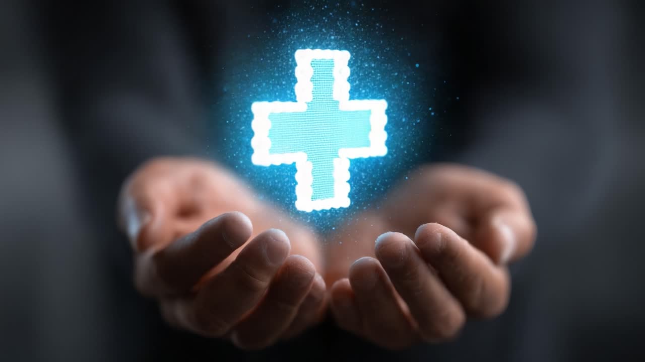 Un simbolo luminoso di una croce medica emanato dalle mani, che rappresenta l'assistenza sanitaria, la guarigione e la tecnologia moderna in un contesto concettuale astratto.