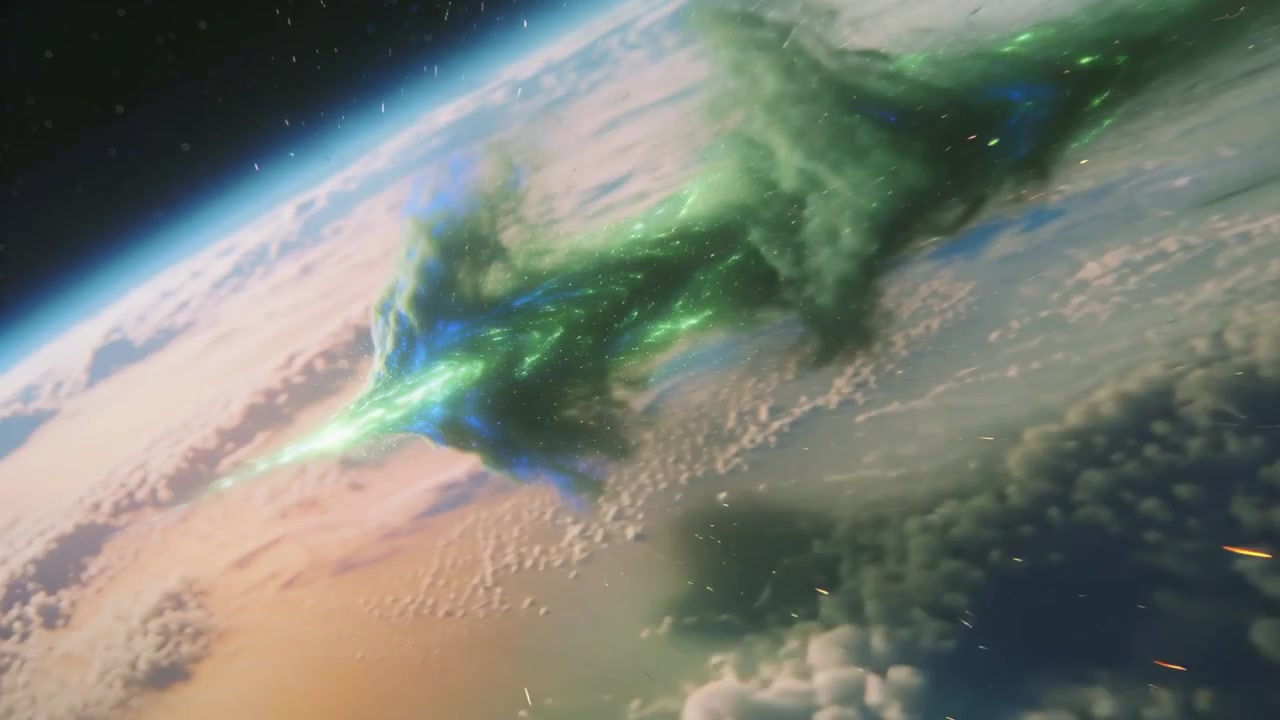 Appearing over planet limb, teal energy mass moving and emitting beam, scattering particles