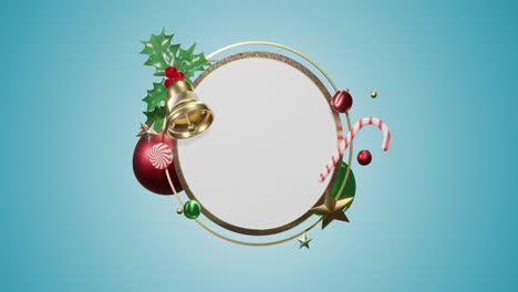 Animation-of-circle-frame-with-copy-space-and-christmas-decoration-on-blue-background