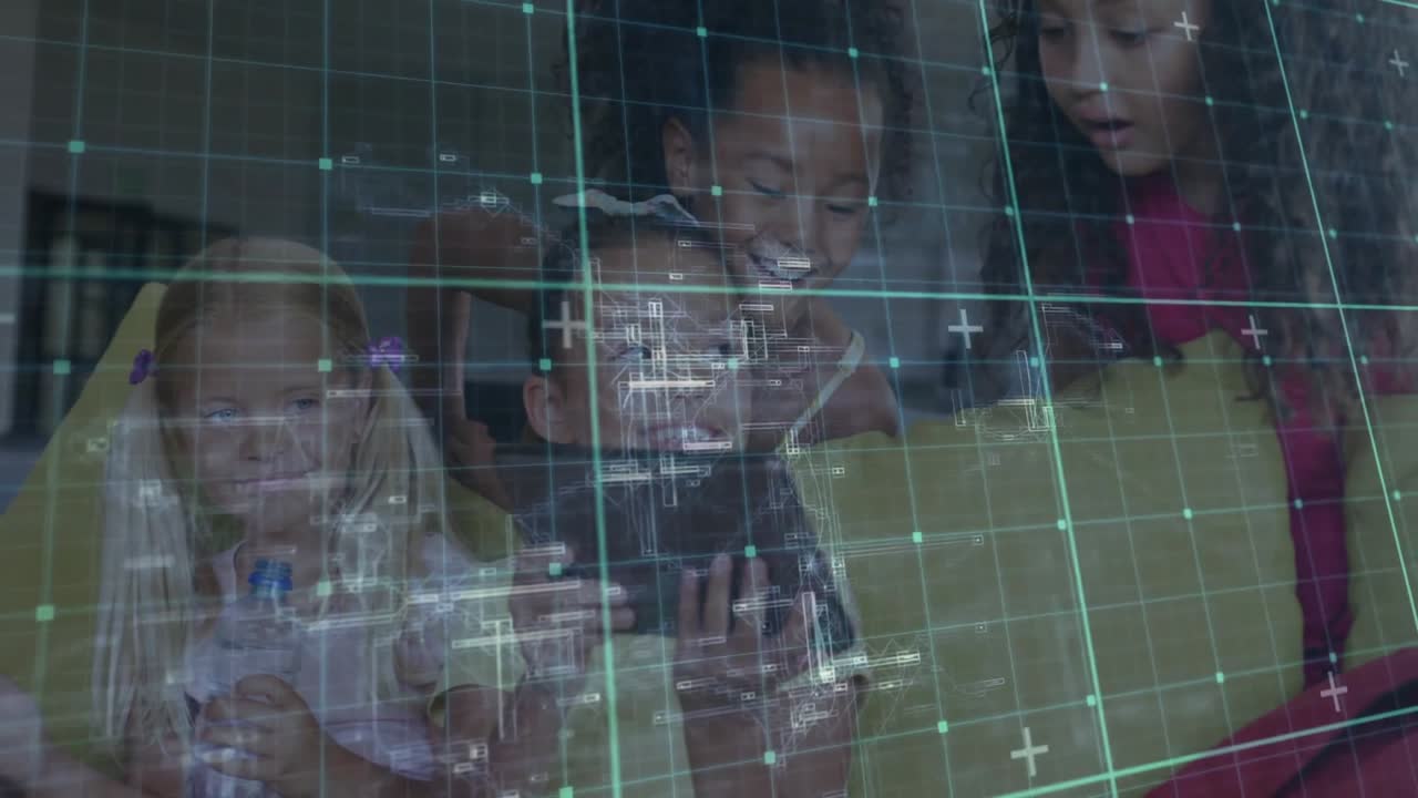 Four girls tapping and swiping tablet on yellow couch while hologram grid overlay aiding learning