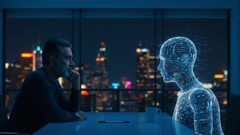 an introspective meeting: a human and a digital being engage in a thought-provoking conversation amidst a cityscape backdrop of dazzling lights and innovation