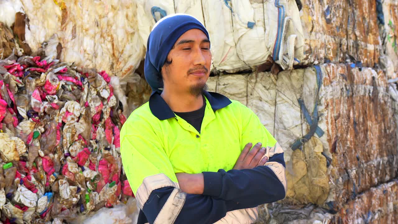 Uomo in un impianto di riciclaggio