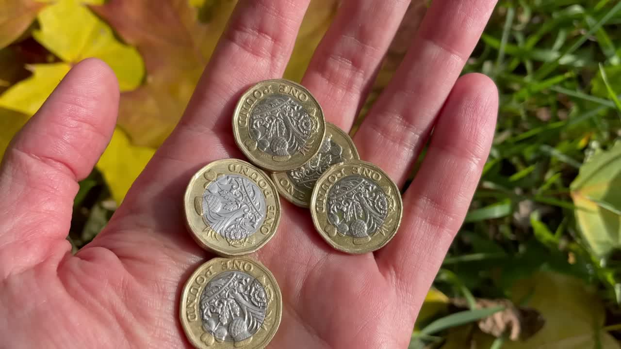 monedas de libras esterlinas británicas en la palma de la mano de una mujer. ganar dinero, concepto de ahorro.