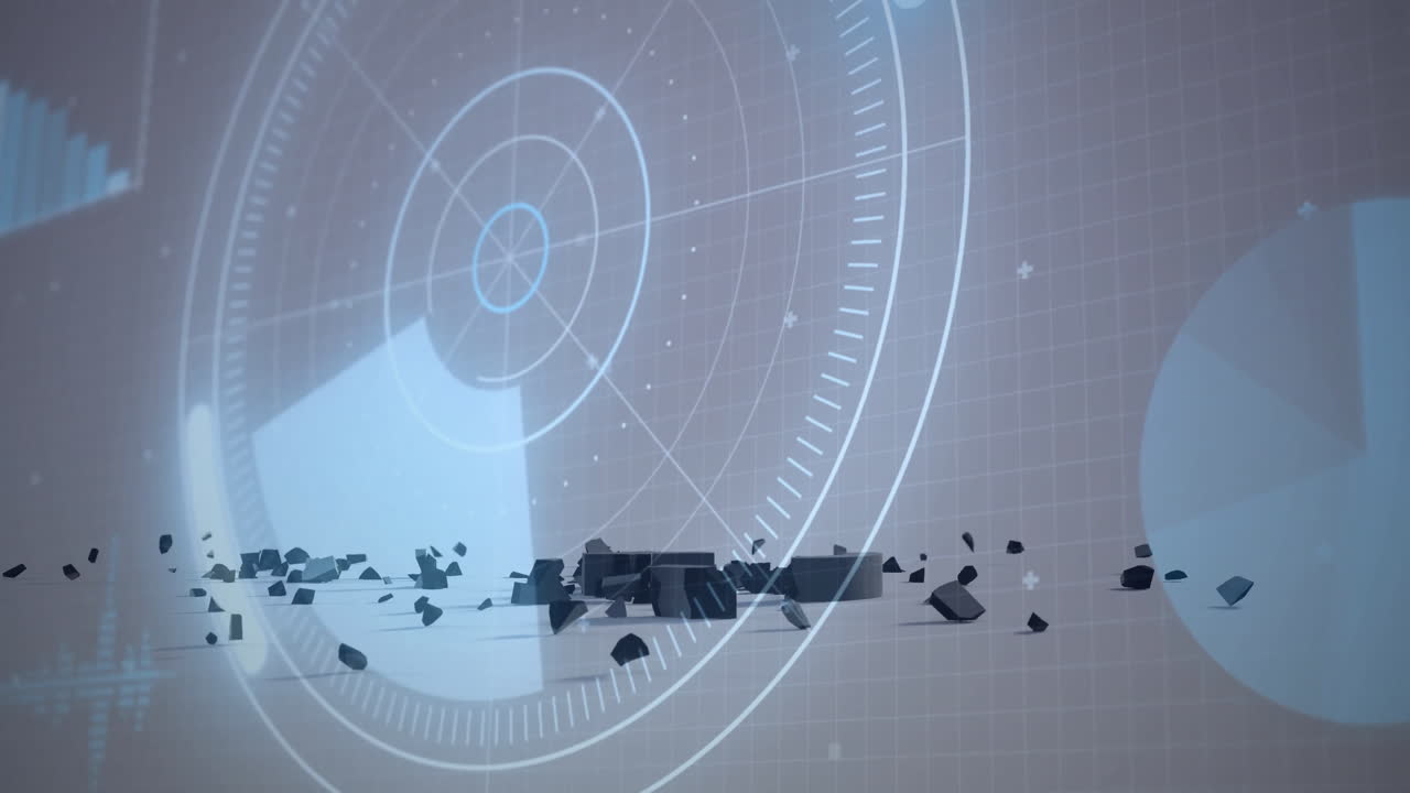 Radar animation with futuristic scattered debris on reflective surface