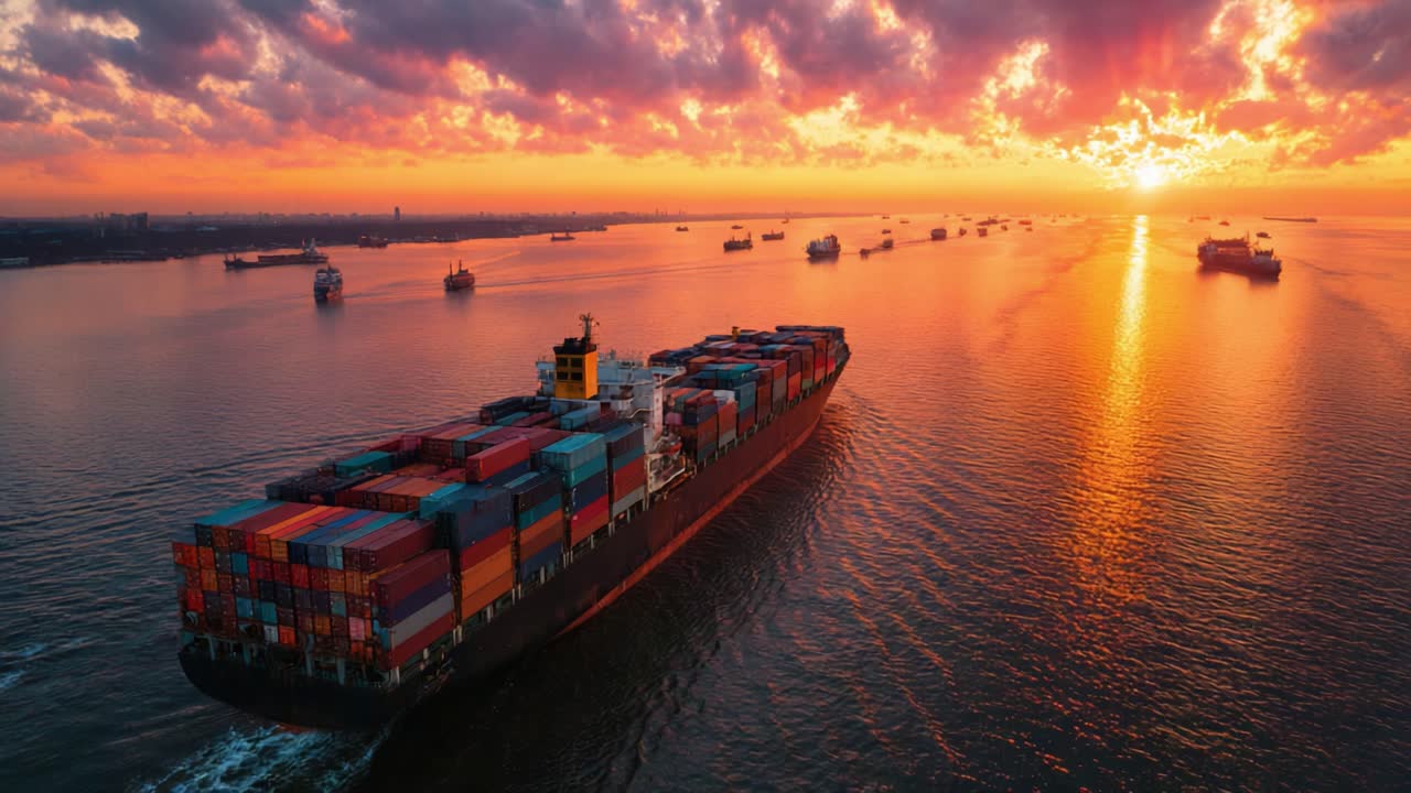 Stunning Sunset Over a Cargo Ship: A Breathtaking View of the Horizon While a Container Ship Navigates Through Serene Waters Surrounded by Other Vessels