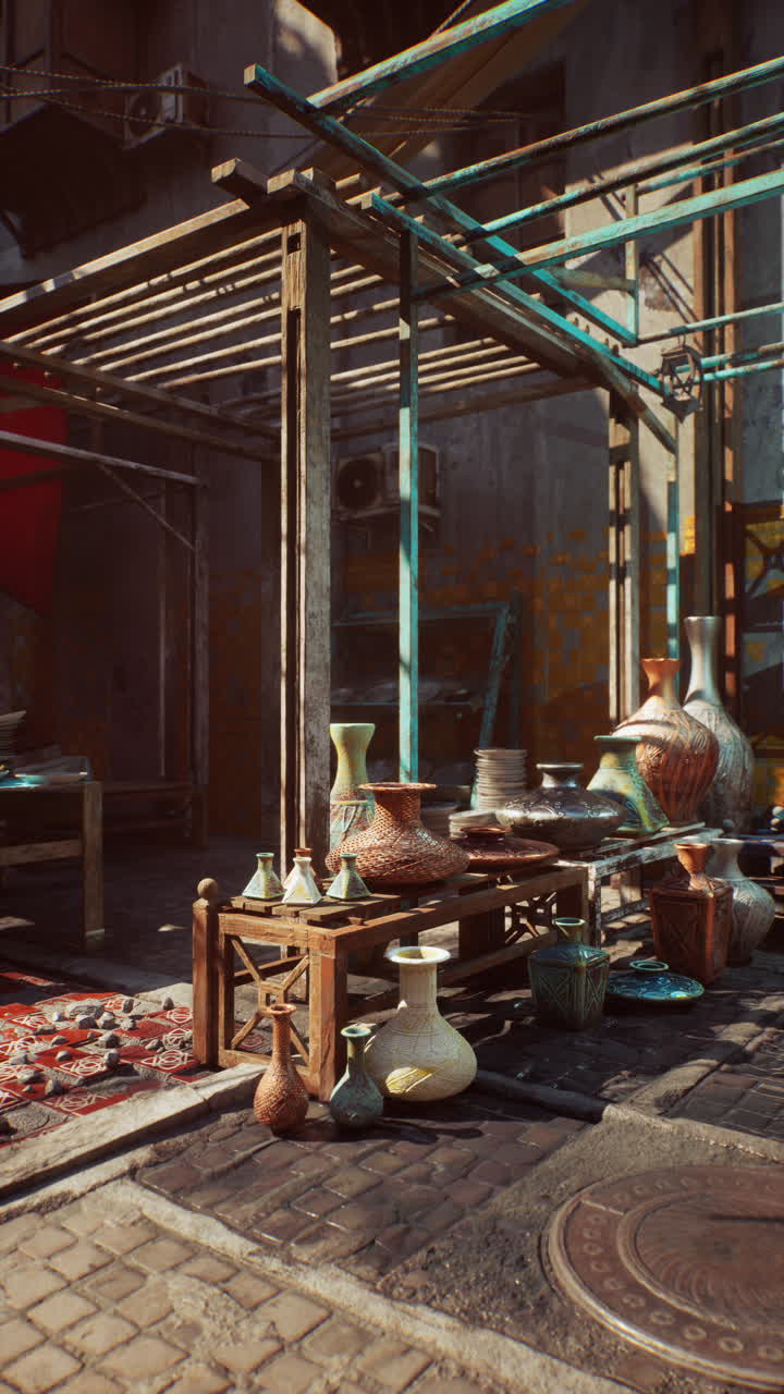 도자기 와 꽃병 을 판매 하는 거리 시장