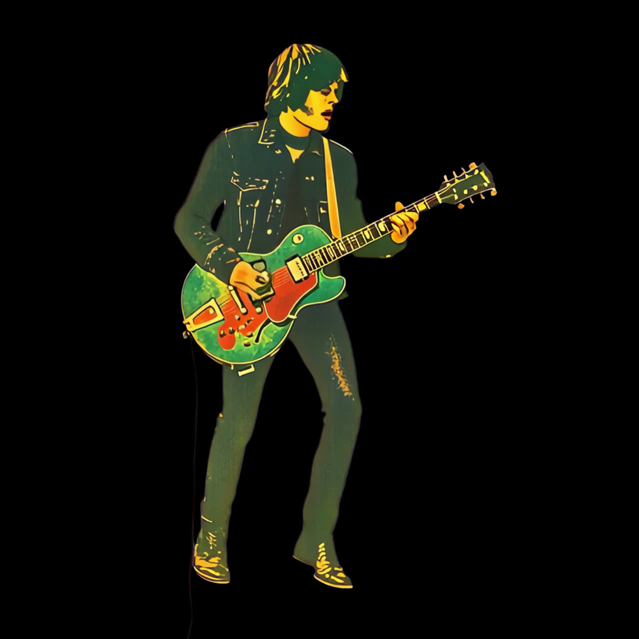 Vintage rock guitarist illustration animation isolated asset, transparent 4K video, alpha channel