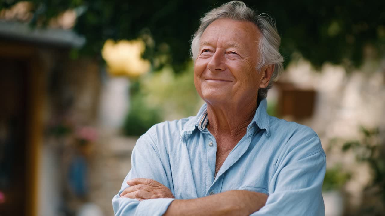 Um senhor idoso alegre, refletindo sobre a vida com um sorriso caloroso e postura relaxada, abraçando a paz pessoal sob uma copa verde em um ambiente sereno.
