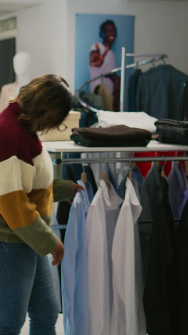 Vídeo vertical: joven cliente comprando ropa a la moda en una tienda