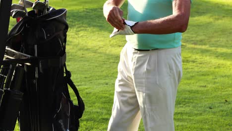 mid section of male golfer wearing golf glove