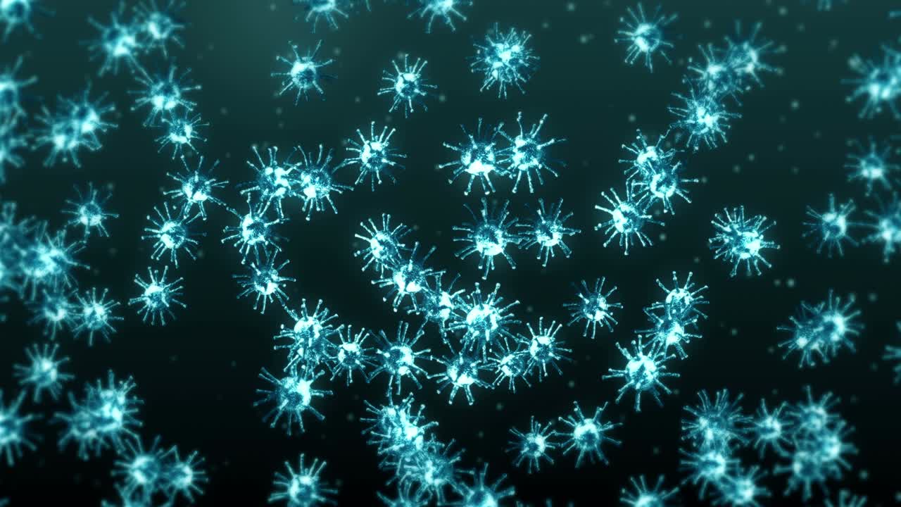 volando muchas células de virus en fondo negro. concepto médico, ilustración microscópica. animación 3d de la molécula de virus girando. animación de bucle.