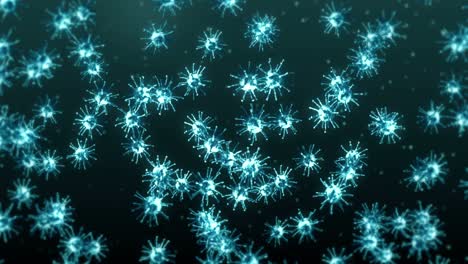 volando muchas células de virus en fondo negro. concepto médico, ilustración microscópica. animación 3d de la molécula de virus girando. animación de bucle.
