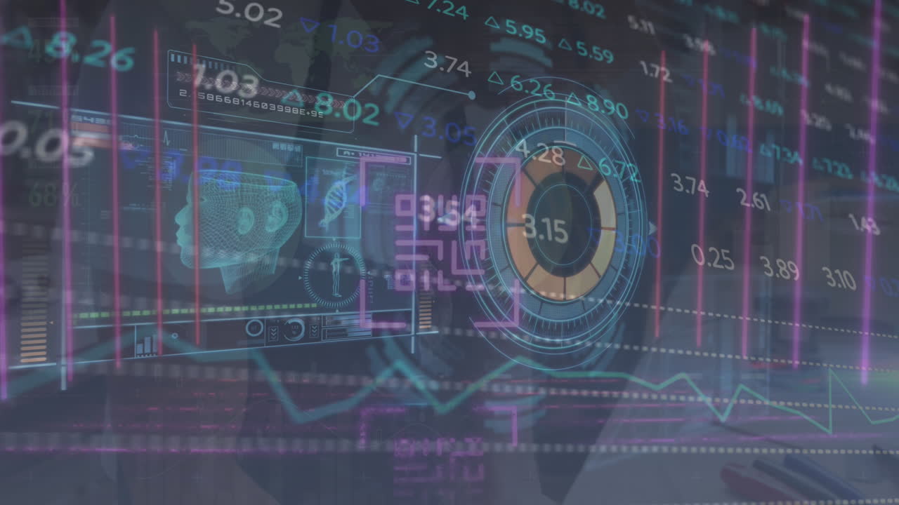 The video shows the global stock market over diverse people and the animation of a qr code over a di
