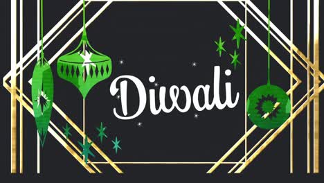 Animation-of-white-text-divali,-with-gold-pattern-and-hanging-green-decorations,-on-black