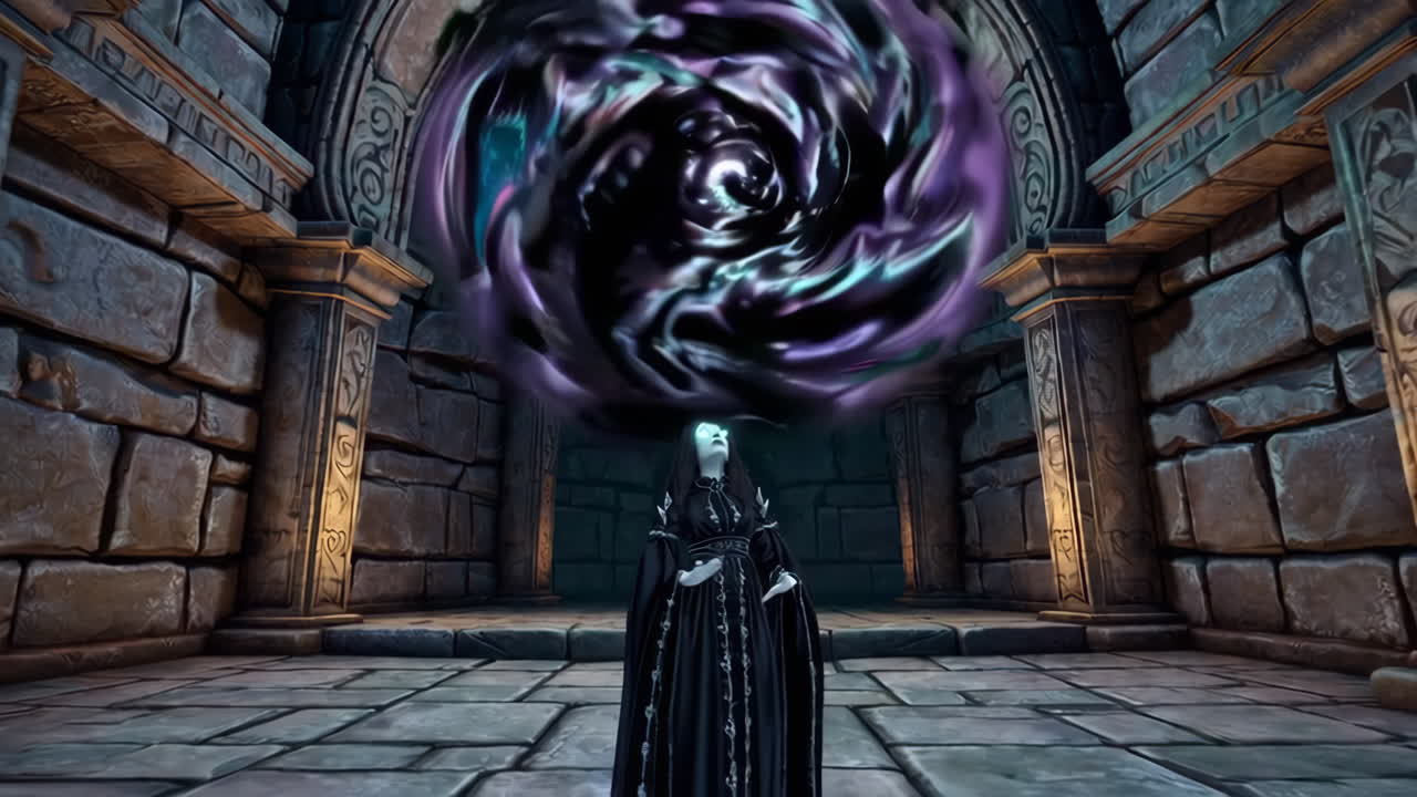 Woman casting a spell in a dark fantasy dungeon