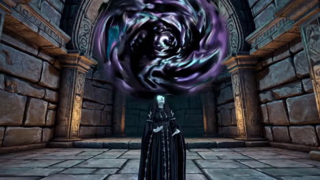 woman casting a spell in a dark fantasy dungeon