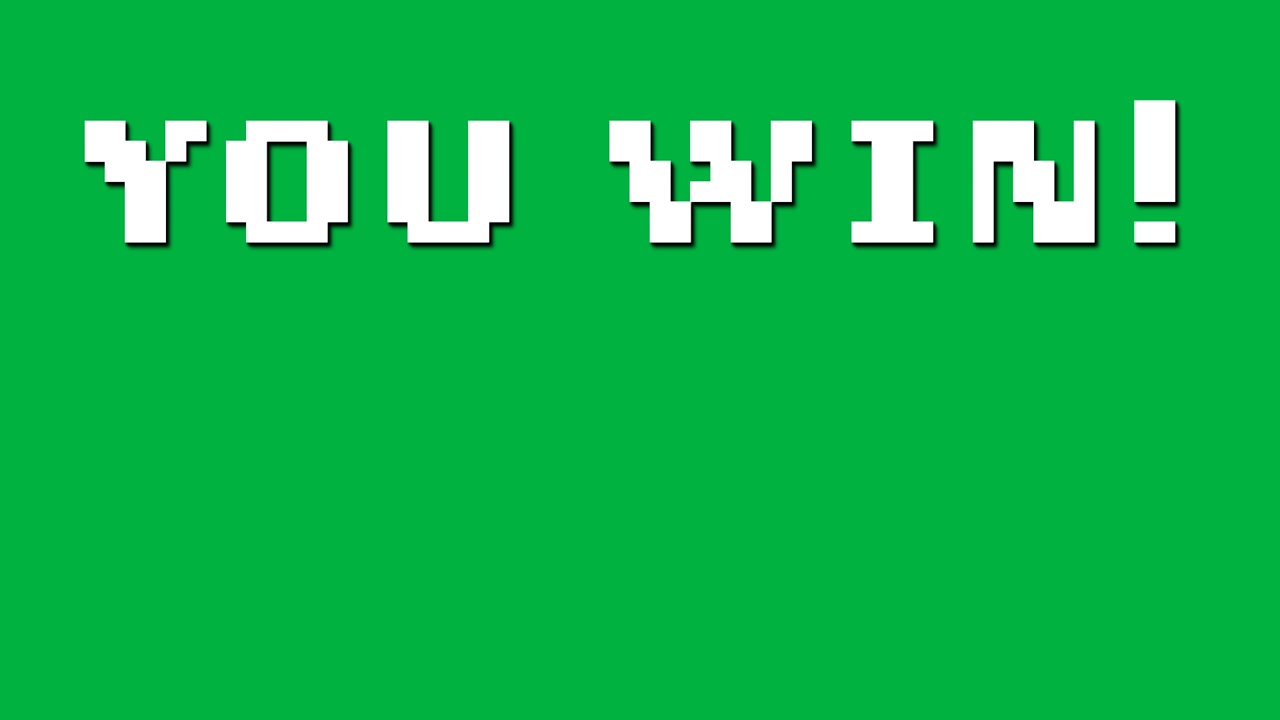 Victory pixel banner appearing, glitching, splitting into columns, scattering on transparent canvas