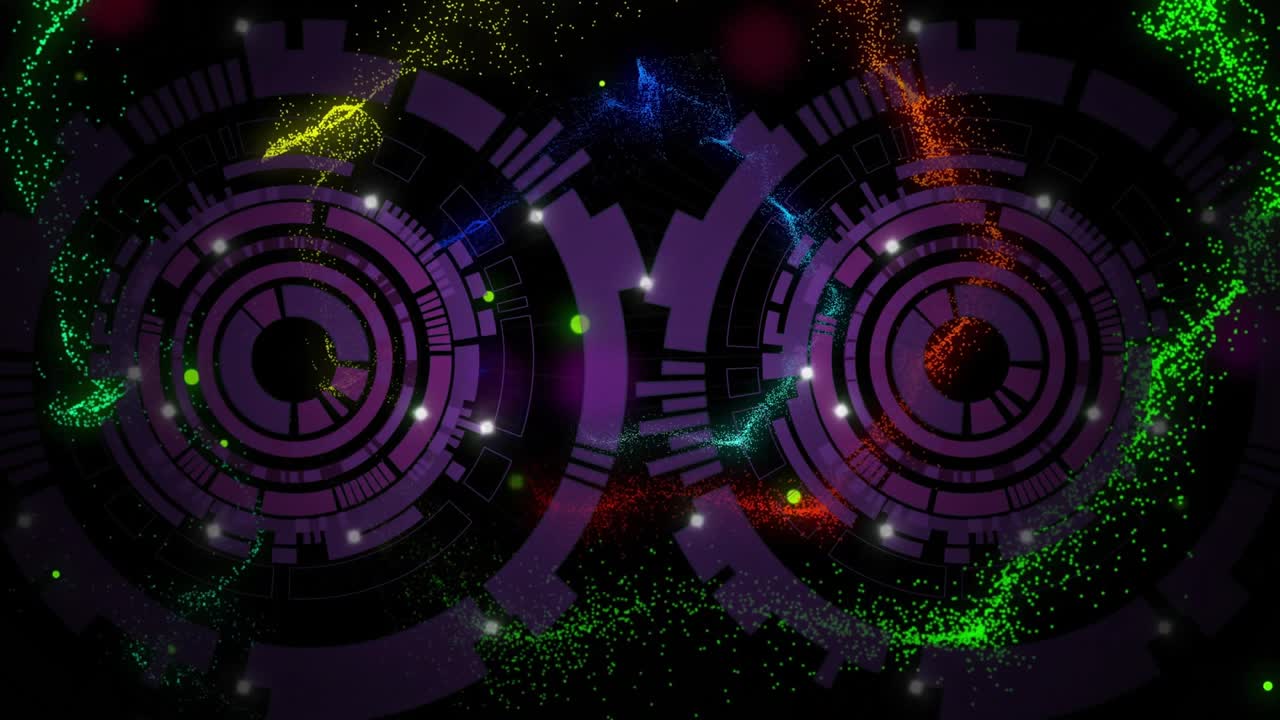 Edge streams sparking pair purple gearlike discs pulsing, tracing colorful ribbons showing energy