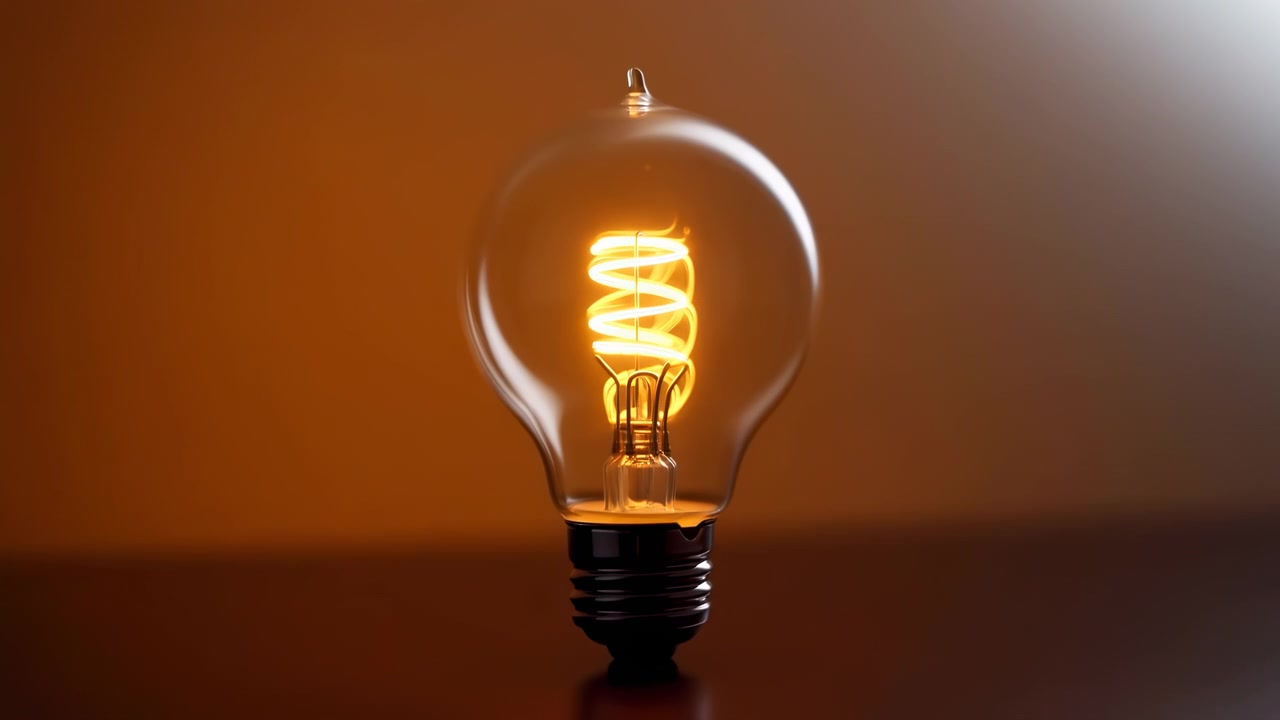 Una lampadina trasparente centrata rimane in posizione verticale mentre il suo filamento a spirale si illumina passo dopo passo, trasformando la scena grigia e fioca circostante in una calda luce dorata con riflessi tenui.