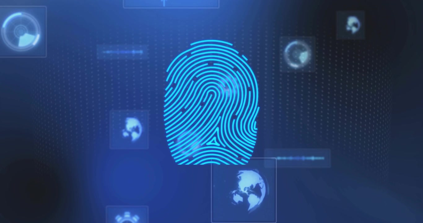 Striped highlight sweeping icons, starting fingerprint forming, pulsing UI, showing biometric auth
