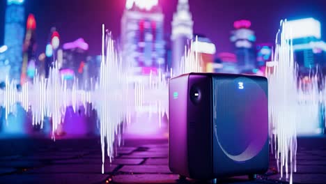 speaker in a neon lit cityscape