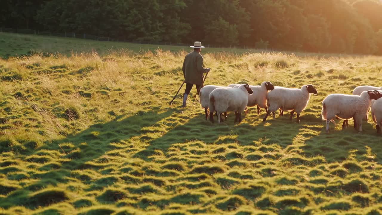 Un video sereno cattura un pastore con le pecore al tramonto. L'angolazione dal basso enfatizza la luce dorata.