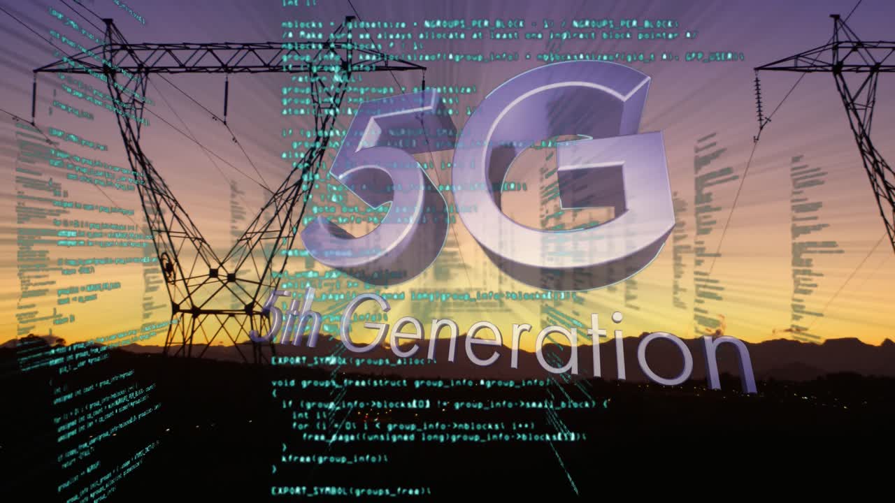 Animation of 5g 5th generation text over data processing and electricity pylons in background
