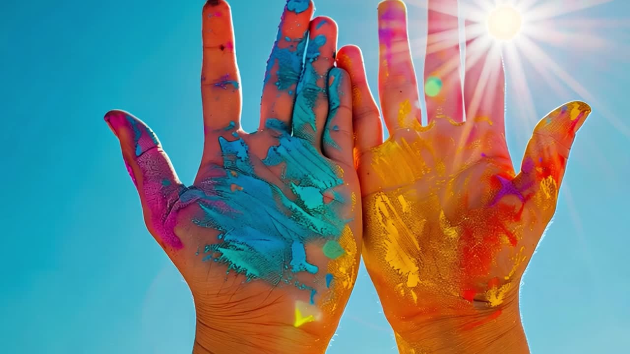 Colorful Painted Hands Against a Sunny Sky