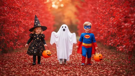 a spooktacular autumn adventure: children dressed in halloween costumes strolling through a vibrant red forest during fall festivities