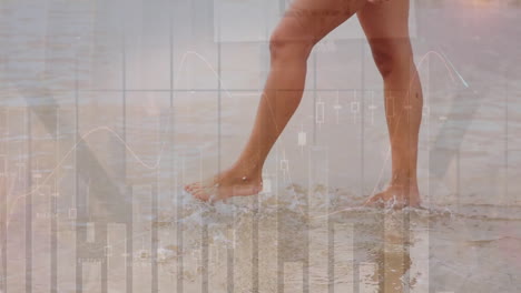animación de procesamiento de datos financieros sobre mujer caucásica caminando en el mar